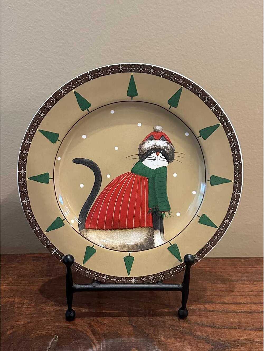 Vintage Oneida Sakura Fiddlestix Holiday Striped Coat Cat Salad Plate - Set of 2